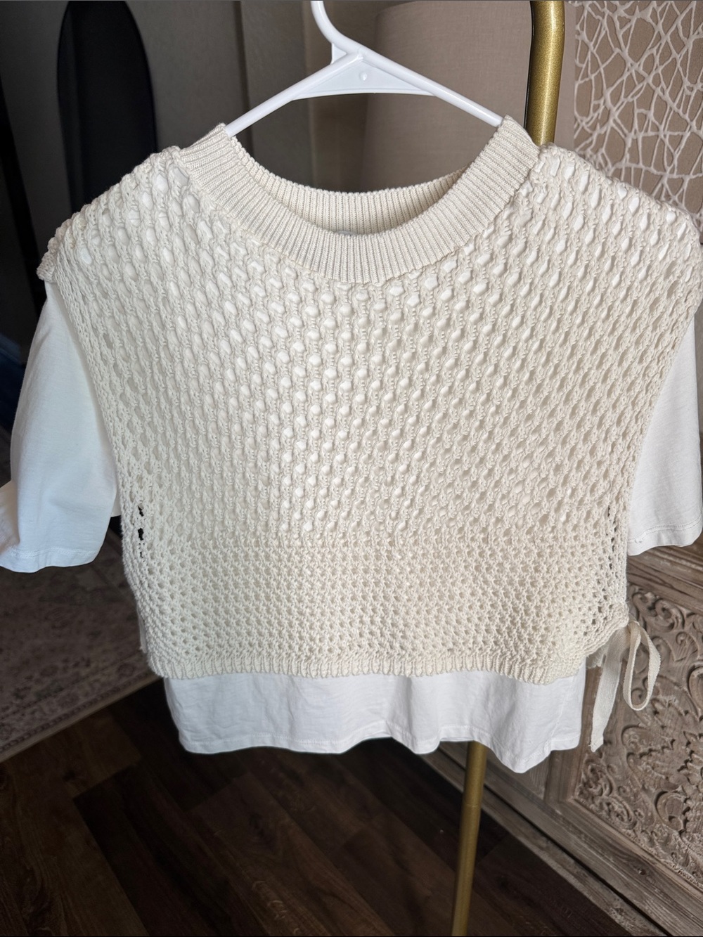 Zara Cream Knit Overlay Tee with Side Ties
